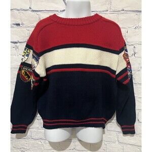 CSM Kids Vintage Red, White & Blue Acrylic Sweater with Travel Patches Size 6/7